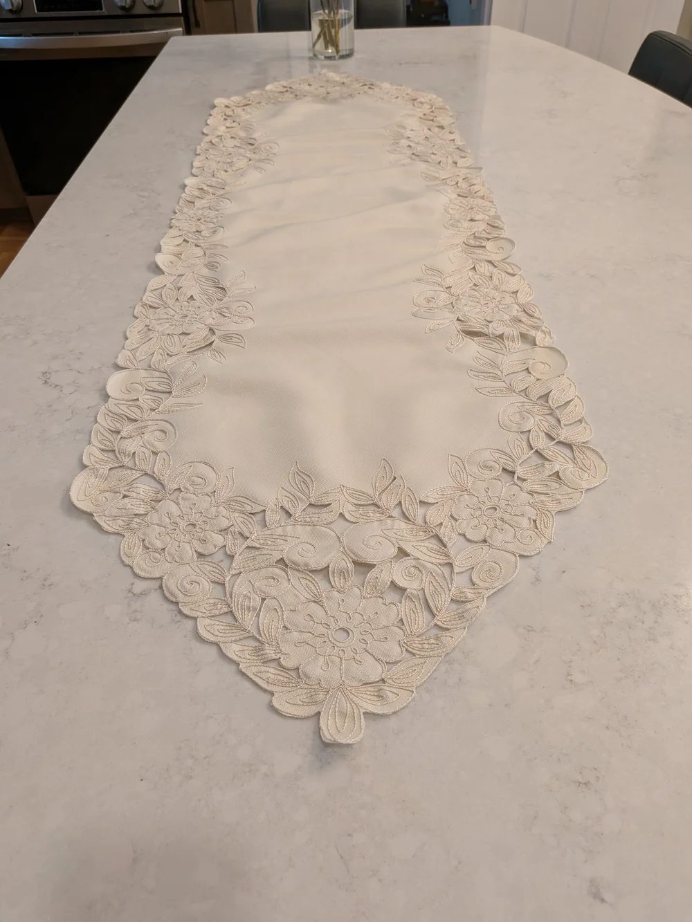 Embroidered Floral Cutwork Table Runner in Ivory 52.5